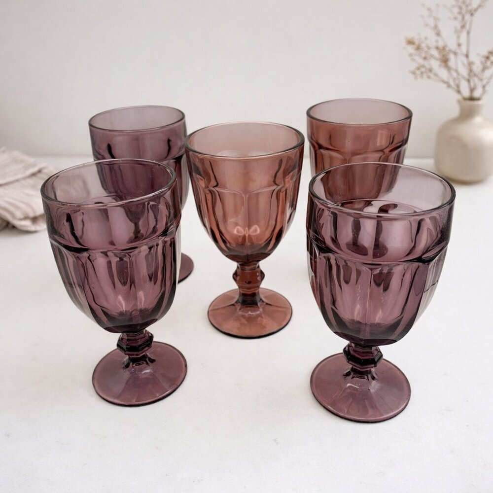 Vintage Amethyst Purple Wine Goblets | Set of 5 | Mid Century Pressed Glass